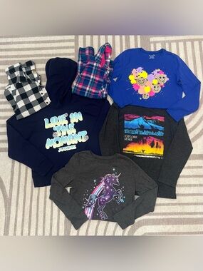 ✨ Girls 7/8 Long Sleeve Shirt Bundle + Hoodie & 2 Flannel Button Up’s - 6 Pieces